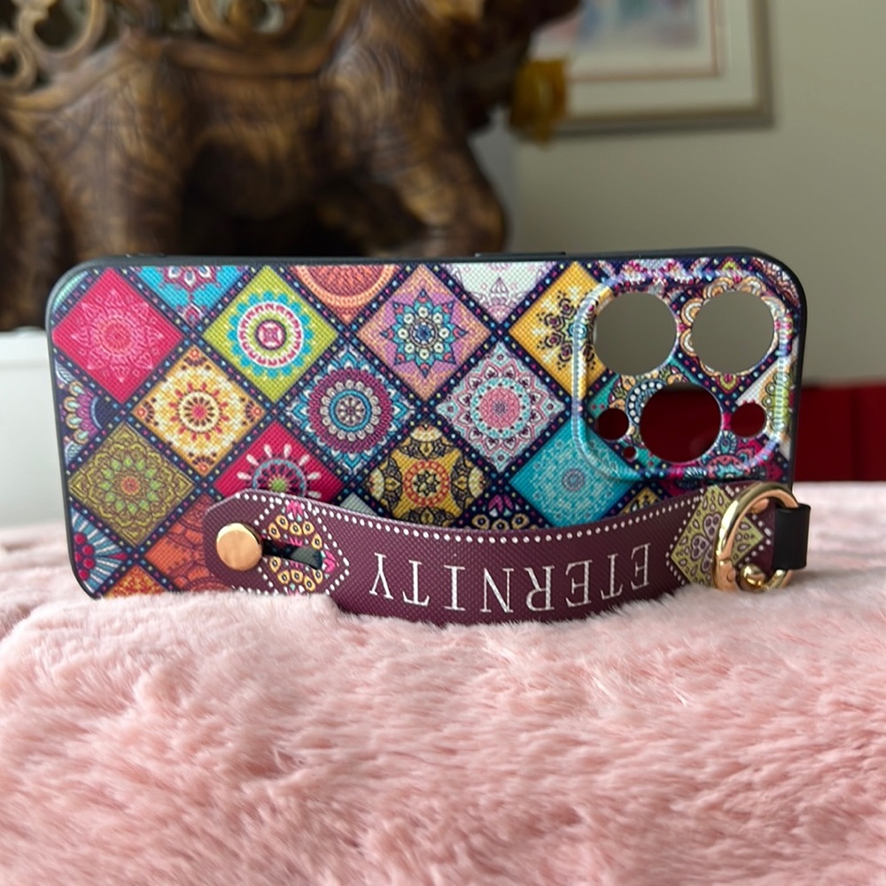 For iPhone 14, 14 pro phone case with wrist strap kickstand keychain ring